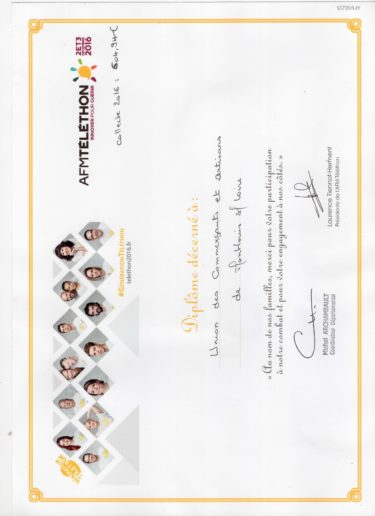 Diplôme du téléthon décerné à l’UCM pour leur collecte